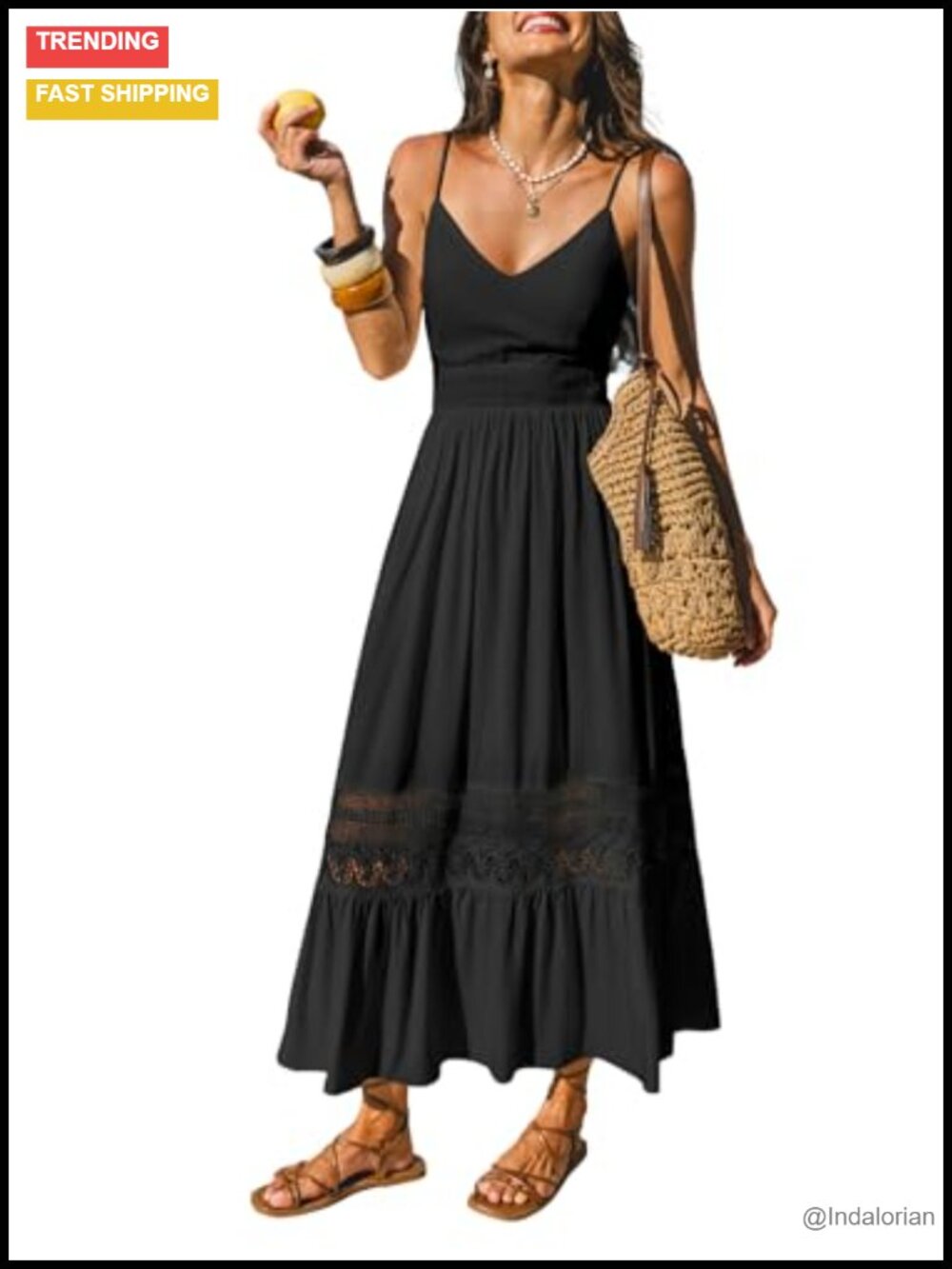 Women's V Neck Maxi Dress with Lace Inserts Tiered Ruffle Hem Smocked Bodice